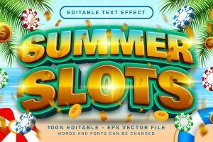 Summer slots 3d editable text effect with chip illustration and sea landscape background