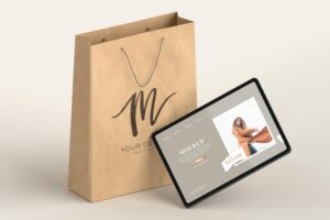 Tablet shopping and paper bag mockup