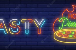 Tasty hot pizza neon sign. round pizza with fire in dark blue wall.