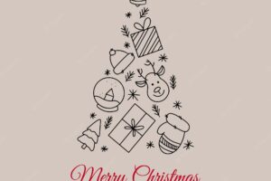 Text merry christmas and happy new year christmas tree made of christmas symbols in hand drawn