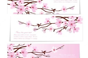 Three banners with fresh pink ornamental sakura flowers or cherry blossom