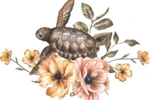 Turtle in a frame of flowers watercolor illustration.