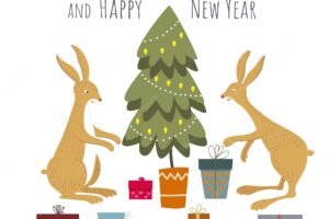 Two cute bunnies decorate the christmas tree. set with christmas tree and many gifts.