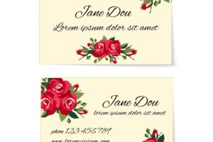 Two different business card decorated with stylish bunches of red roses with foliage and buds in an elegant design