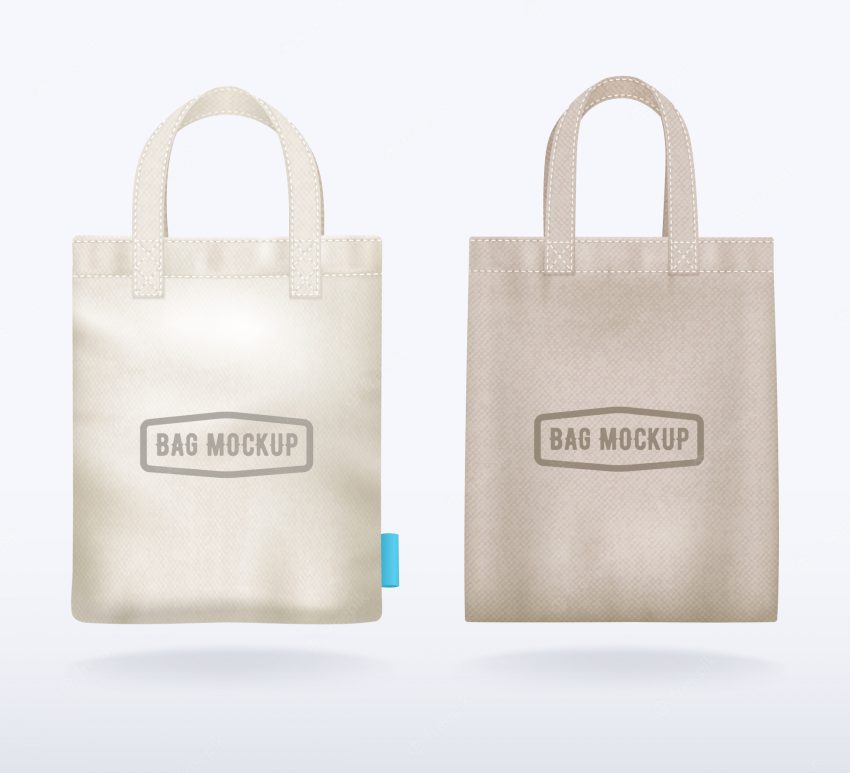 Two modern natural canvas mockup shopping bags realistic templates