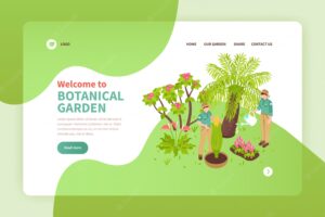 Two people working in botanical garden with exotic plants isometric banner 3d