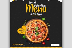 Valentine food menu and delicious pizza social media banner template