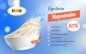 Vector 3d illustration, realistic poster with a bowl filled with mayonnaise