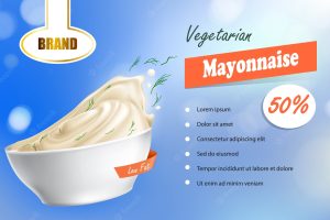 Vector 3d illustration, realistic poster with a bowl filled with mayonnaise
