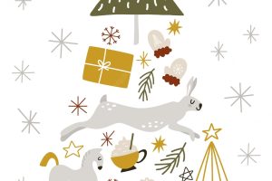 Vector cute postcard or poster for merry christmas with trees, rabbit, gift box, stars, and horse