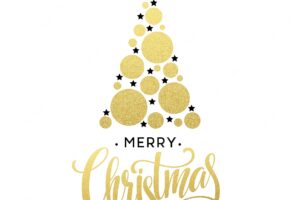 Vector golden christmas tree illustration made with glittering circle and star. merry christmas lettering eps10