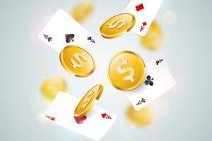 Vector illustration on a casino theme with falling poker cards and gold coin on clean background
