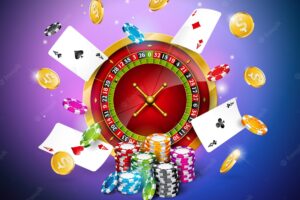 Vector illustration on a casino theme with roulette wheel poker cards gold coin and playing chips