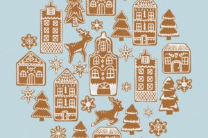 Vector illustration of isolated gingerbread cookies, including houses, deer, fir trees, snowflakes.