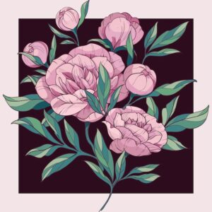 Vector illustration of a square frame and a bouquet of pink peonies