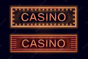 Vector set of orange illuminated casino signboards for poster, flyer, billboard, web sites and gambling club isolated on black background