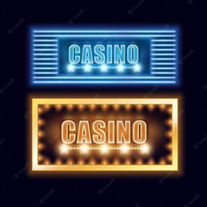 Vector set of yellow, blue illuminated casino signboards for poster, flyer, billboard, web sites and gambling club isolated on black background