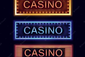 Vector set of yellow, blue, orange illuminated casino signboards for poster, flyer, billboard, web sites and gambling club isolated on black background