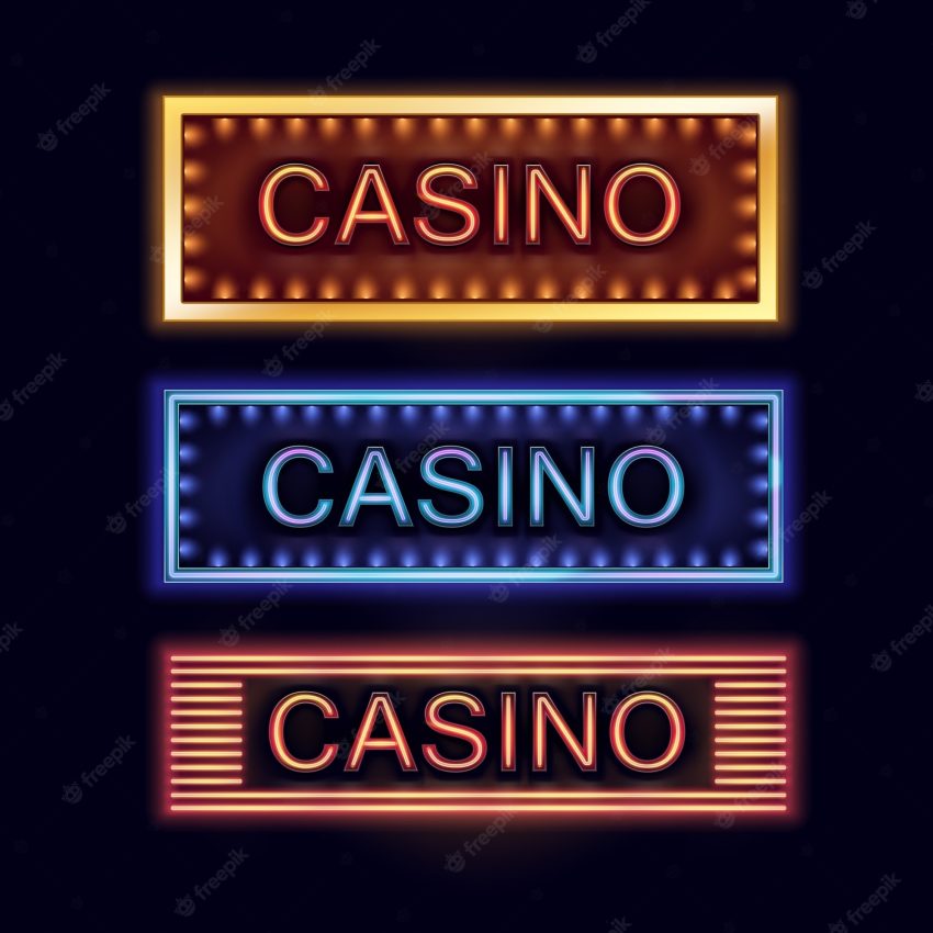 Vector set of yellow, blue, orange illuminated casino signboards for poster, flyer, billboard, web sites and gambling club isolated on black background