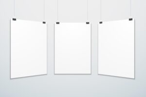 Vector vertical white empty poster set suspended on office clamps mock up realistic shadow blank template isolated white grey background