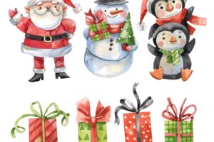 Watercolor christmas element collection and characters