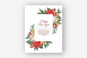 Watercolor christmas floral frame with poinsettia flower, leaves and christmas light ball