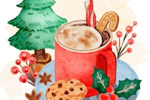 Watercolor christmas hot chocolate illustration