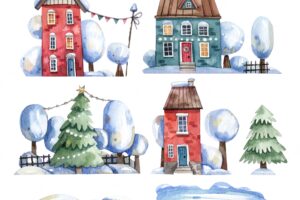 Watercolor christmas house collection