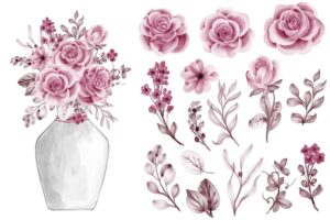 Watercolor leaves with rose pink gold isolated clip art