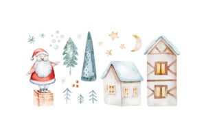 Watercolor merry christmas illustration with anta pines win houses nature new year elements