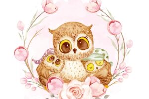 Watercolor mother and kids owl