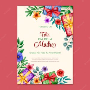 Watercolor mothers day greeting card template in spanish