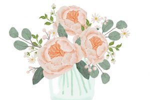 Watercolor orange peach blooming rose bouquet arrangement in glass clipart isolated on white background