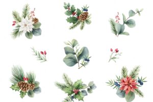 Watercolor vector christmas set of bouquets
