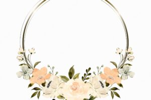 Watercolor white peach floral wreath with gold circle
