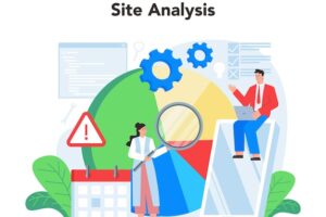 Website analyst concept web page improvement for business promotion as a part of marketing strategy website analysis to get data for seo isolated flat illustration