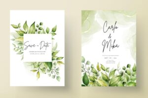 Wedding invitation card template with beautiful greenery leaves in alcohol ink background