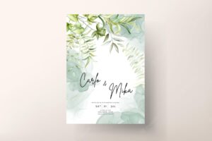 Wedding invitation template with beautiful watercolor leaves