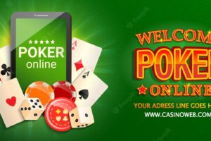 Welcome banner to online pokeronline casino in smartphoneweb landing page template