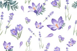 Winter bloom pattern with crocus, lavender
