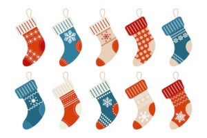 Winter christmas socks with winter snowflake ornament, set. icons, vector