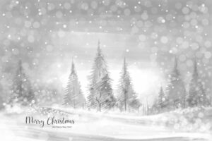 Winter snow landscape and christmas tree holiday card background