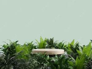 Wooden podium in tropical forest for product presentation and green wall3d rendering