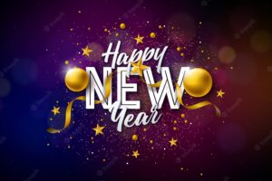 2023 happy new year design with typography lettering and gold christmas ball on shiny background