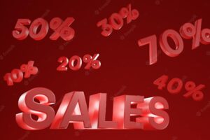 3d render of sales with percentages above in red letters on a red background