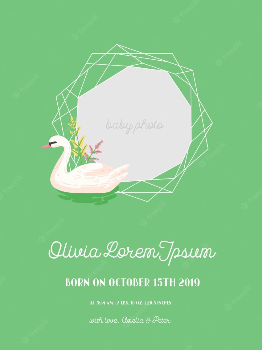 Baby arrival announcement with illustration of beautiful swan and geometry photo frame, greetings or invitation card, geometric floral frame in vector