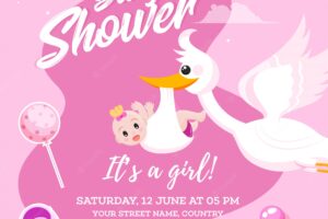 Baby girl shower celebration invitation card design with stork l
