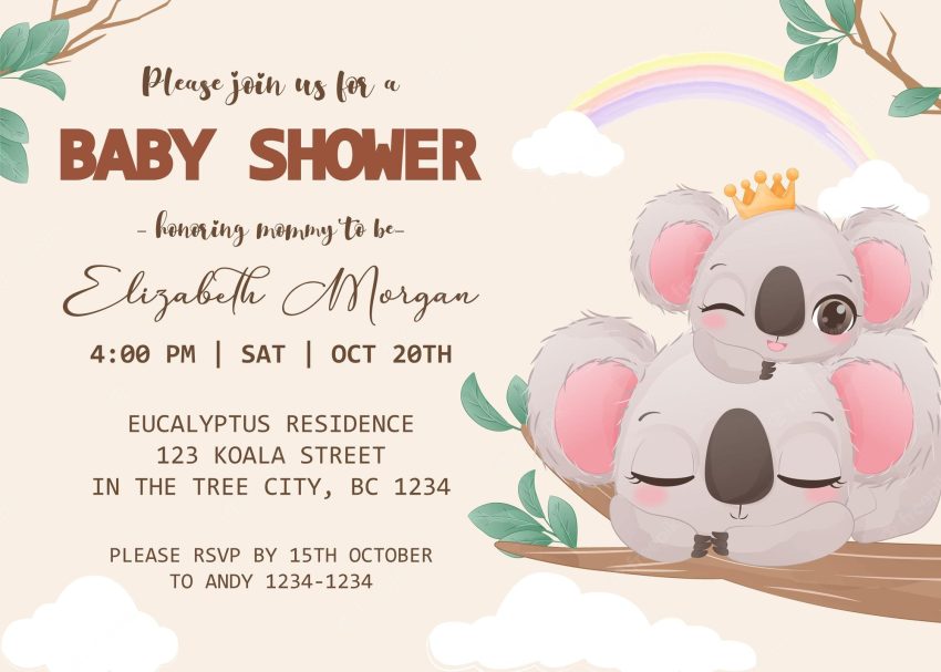 Baby shower invitation template with koala