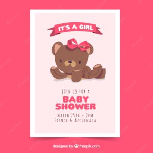 Baby shower invitation with bear in flat style