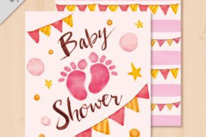 Baby shower invitation with footprints and garlands